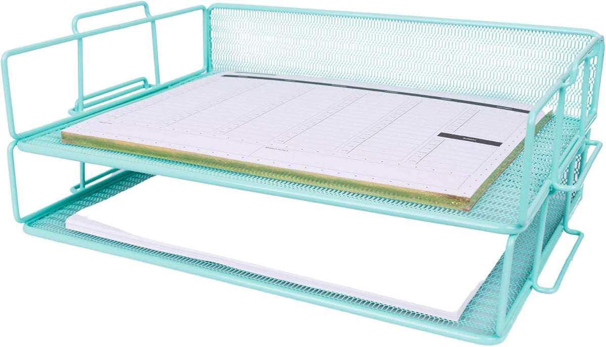 Paper Tray Stackable Gold Mesh Set of 2 | Stackable File Trays for Desk Organization | Tiered Desk Organizer with Metal Letter Trays