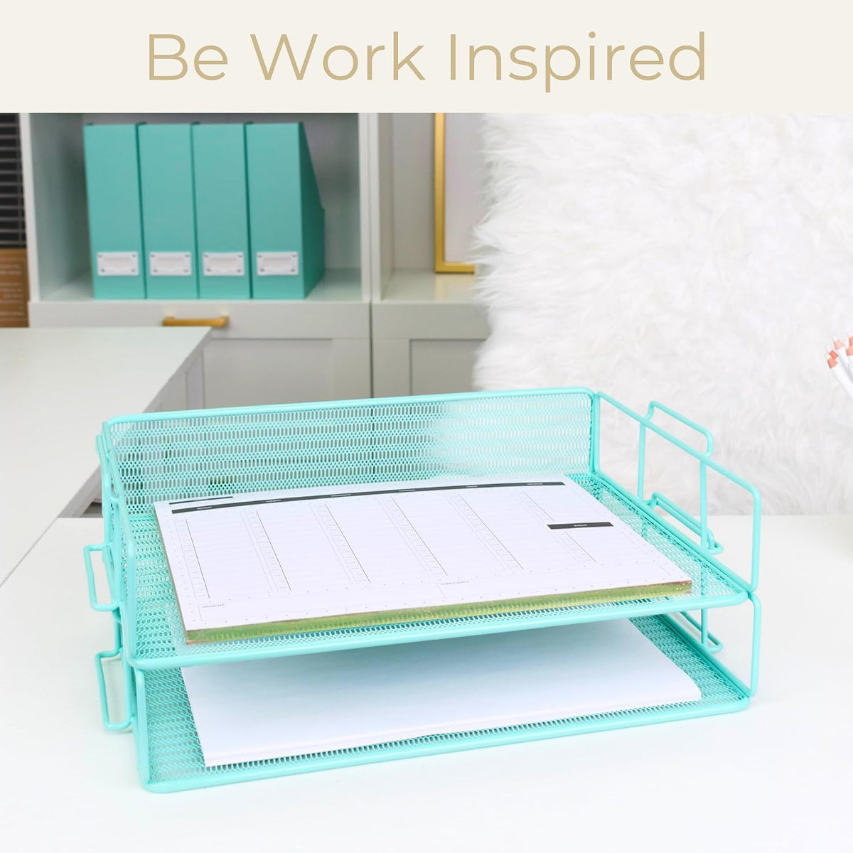 Paper Tray Stackable Gold Mesh Set of 2 | Stackable File Trays for Desk Organization | Tiered Desk Organizer with Metal Letter Trays