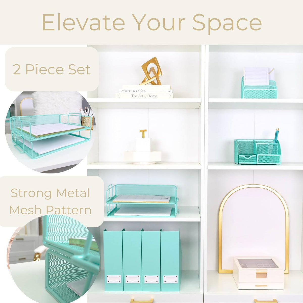 Paper Tray Stackable Gold Mesh Set of 2 | Stackable File Trays for Desk Organization | Tiered Desk Organizer with Metal Letter Trays