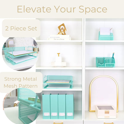 Paper Tray Stackable Gold Mesh Set of 2 | Stackable File Trays for Desk Organization | Tiered Desk Organizer with Metal Letter Trays
