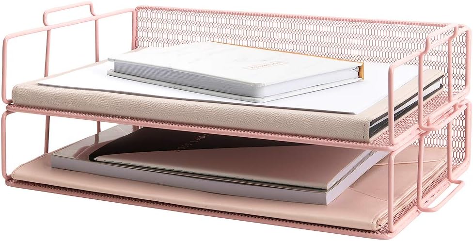Paper Tray Stackable Gold Mesh Set of 2 | Stackable File Trays for Desk Organization | Tiered Desk Organizer with Metal Letter Trays