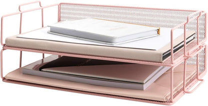 Paper Tray Stackable Gold Mesh Set of 2 | Stackable File Trays for Desk Organization | Tiered Desk Organizer with Metal Letter Trays