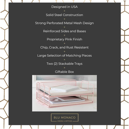 Paper Tray Stackable Gold Mesh Set of 2 | Stackable File Trays for Desk Organization | Tiered Desk Organizer with Metal Letter Trays