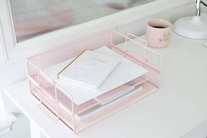Paper Tray Stackable Gold Mesh Set of 2 | Stackable File Trays for Desk Organization | Tiered Desk Organizer with Metal Letter Trays