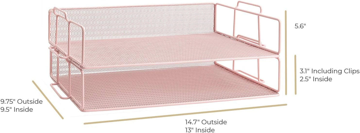 Paper Tray Stackable Gold Mesh Set of 2 | Stackable File Trays for Desk Organization | Tiered Desk Organizer with Metal Letter Trays