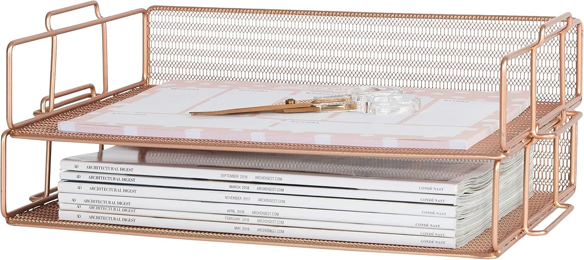 Paper Tray Stackable Gold Mesh Set of 2 | Stackable File Trays for Desk Organization | Tiered Desk Organizer with Metal Letter Trays