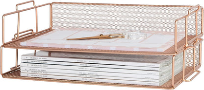 Paper Tray Stackable Gold Mesh Set of 2 | Stackable File Trays for Desk Organization | Tiered Desk Organizer with Metal Letter Trays