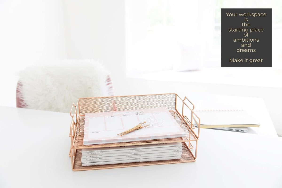 Paper Tray Stackable Gold Mesh Set of 2 | Stackable File Trays for Desk Organization | Tiered Desk Organizer with Metal Letter Trays