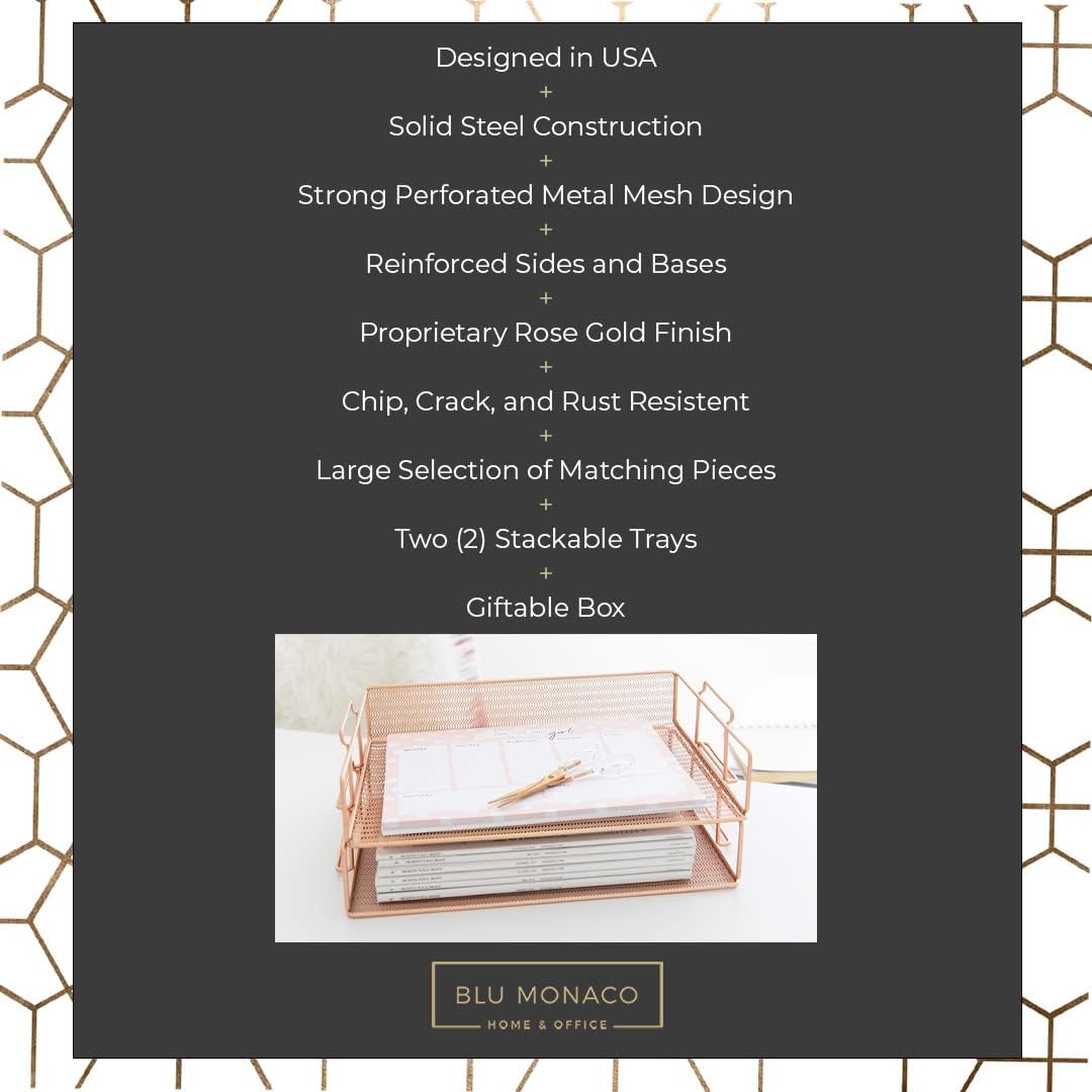 Paper Tray Stackable Gold Mesh Set of 2 | Stackable File Trays for Desk Organization | Tiered Desk Organizer with Metal Letter Trays