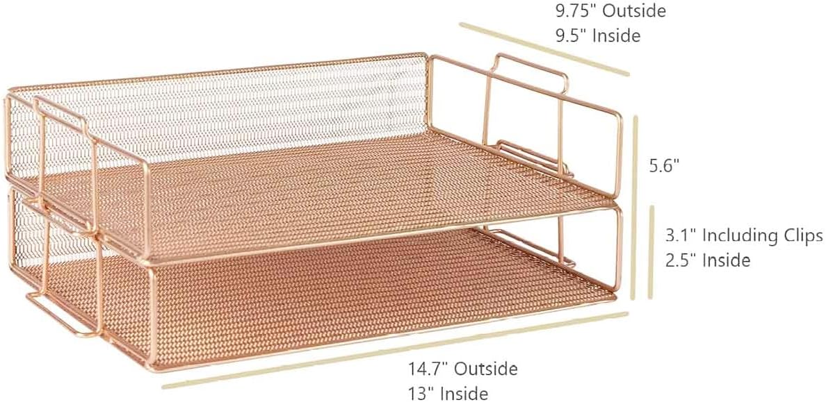 Paper Tray Stackable Gold Mesh Set of 2 | Stackable File Trays for Desk Organization | Tiered Desk Organizer with Metal Letter Trays