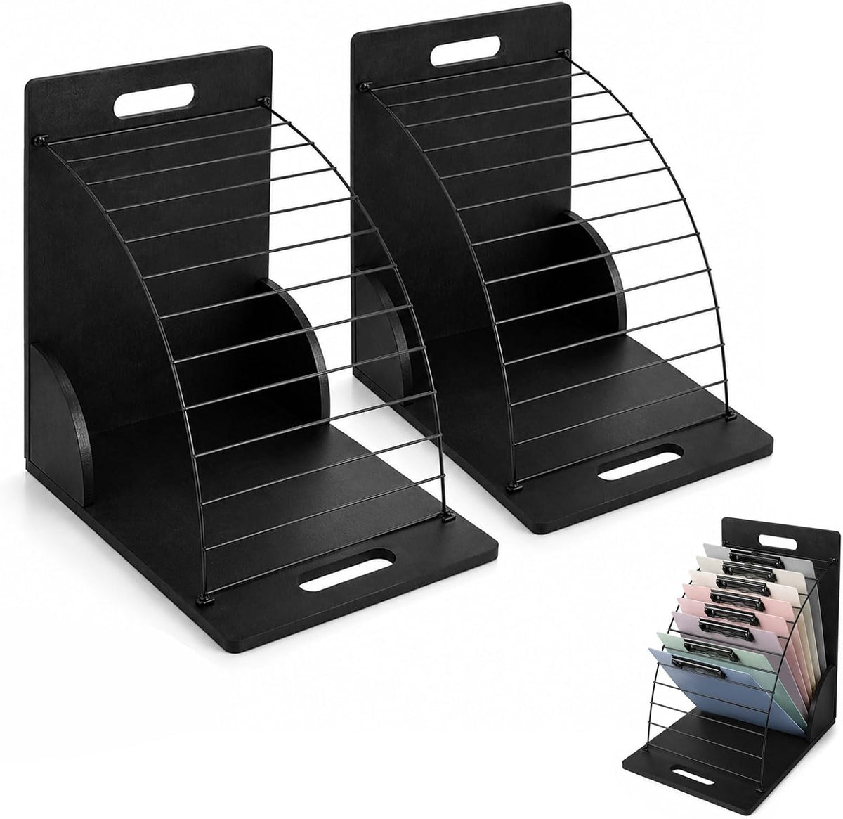 2 Pack Clipboard Holder Organizer, 12 Slot Clipboard Storage Rack with Wood Side Panels and Metal Dividers, Clipboard Stand for Classroom Office Teacher Desk File Folder Whiteboard Organization