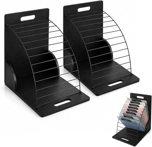 2 Pack Clipboard Holder Organizer, 12 Slot Clipboard Storage Rack with Wood Side Panels and Metal Dividers, Clipboard Stand for Classroom Office Teacher Desk File Folder Whiteboard Organization