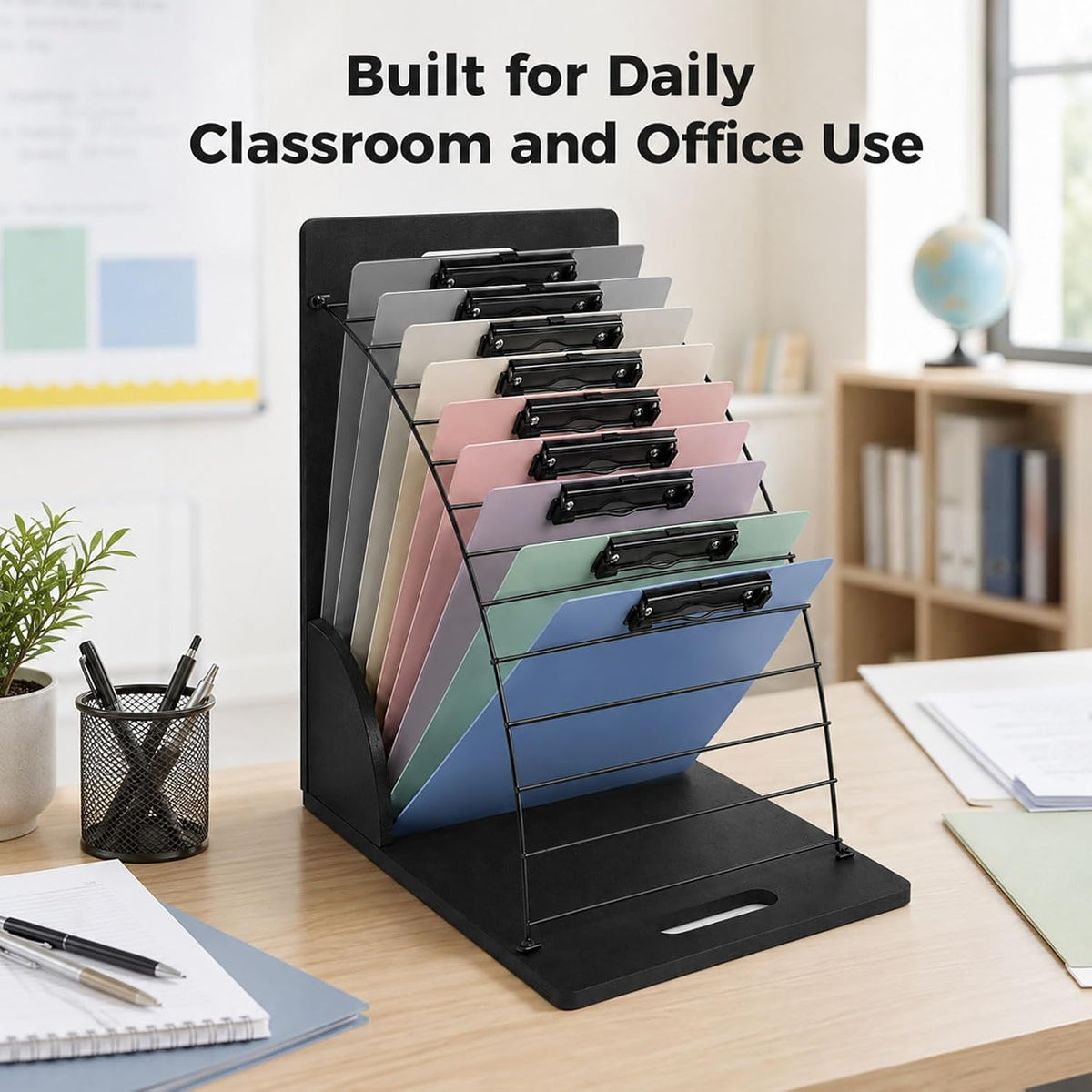 2 Pack Clipboard Holder Organizer, 12 Slot Clipboard Storage Rack with Wood Side Panels and Metal Dividers, Clipboard Stand for Classroom Office Teacher Desk File Folder Whiteboard Organization