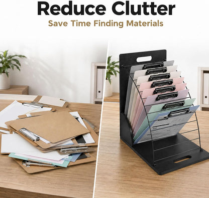 2 Pack Clipboard Holder Organizer, 12 Slot Clipboard Storage Rack with Wood Side Panels and Metal Dividers, Clipboard Stand for Classroom Office Teacher Desk File Folder Whiteboard Organization