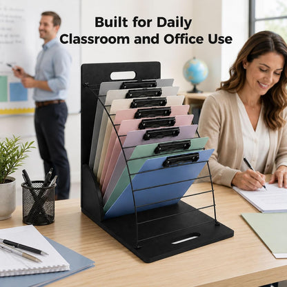 2 Pack Clipboard Holder Organizer, 12 Slot Clipboard Storage Rack with Wood Side Panels and Metal Dividers, Clipboard Stand for Classroom Office Teacher Desk File Folder Whiteboard Organization