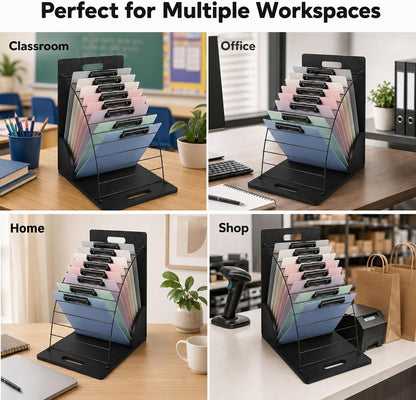 2 Pack Clipboard Holder Organizer, 12 Slot Clipboard Storage Rack with Wood Side Panels and Metal Dividers, Clipboard Stand for Classroom Office Teacher Desk File Folder Whiteboard Organization