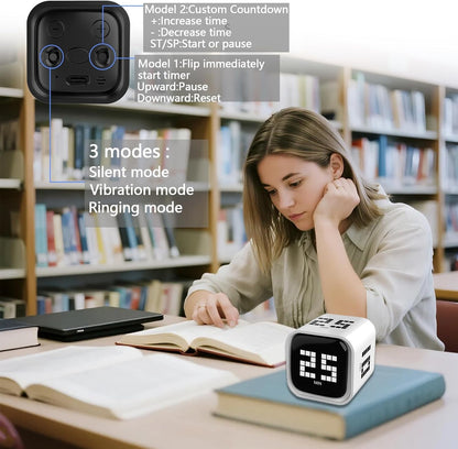Rotating Focus Timer, 5/25/10/50-Minute Pomodoro Timer, Desk Flip Countdown with Vibration & Volume Control, ADHD-Friendly Tool for Office, Study, and Kitchen (Black)