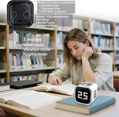 Rotating Focus Timer, 5/25/10/50-Minute Pomodoro Timer, Desk Flip Countdown with Vibration & Volume Control, ADHD-Friendly Tool for Office, Study, and Kitchen (Black)