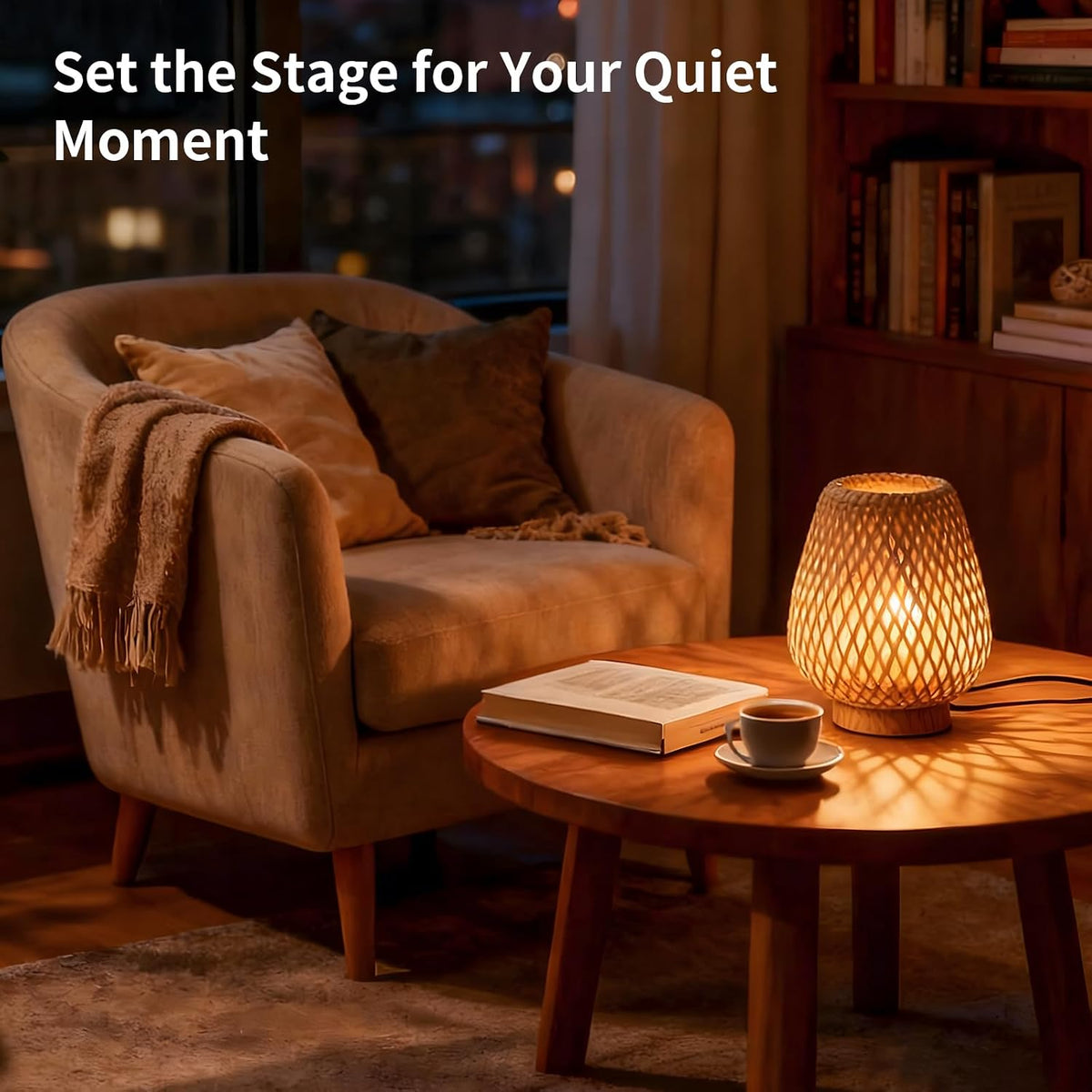 Boho Rattan Small Table Lamp with Double Layer Bamboo Woven Shade
