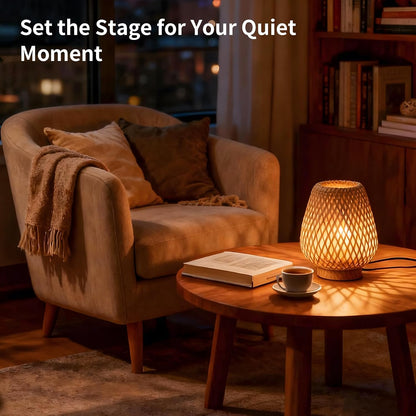 Boho Rattan Small Table Lamp with Double Layer Bamboo Woven Shade
