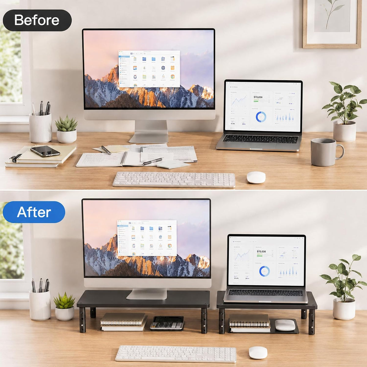 Adjustable Monitor Stand Riser for Desk, Wood Computer & Laptop Stand, Desk Organizers and Accessories, Office Desk Accessories & Workspace Organizer for Home Office Supplies, Black