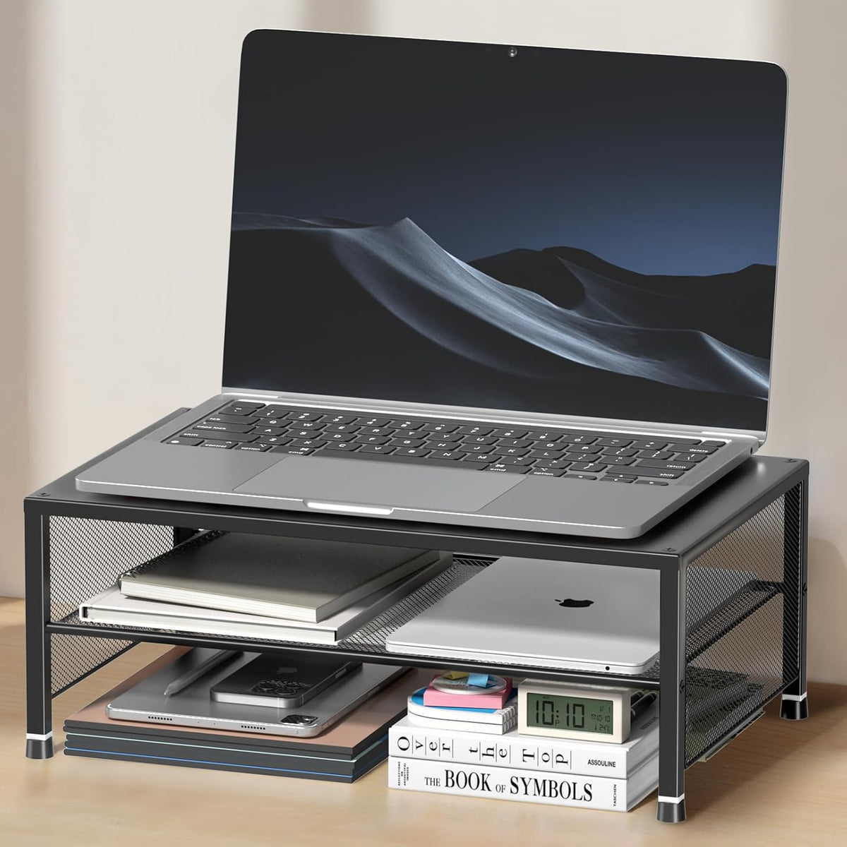 Adjustable Monitor Stand Riser for Desk, Wood Computer & Laptop Stand, Desk Organizers and Accessories, Office Desk Accessories & Workspace Organizer for Home Office Supplies, Black