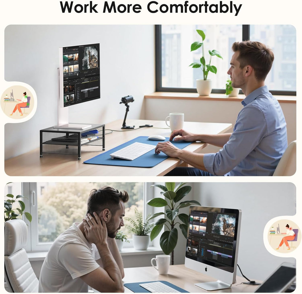 Adjustable Monitor Stand Riser for Desk, Wood Computer & Laptop Stand, Desk Organizers and Accessories, Office Desk Accessories & Workspace Organizer for Home Office Supplies, Black