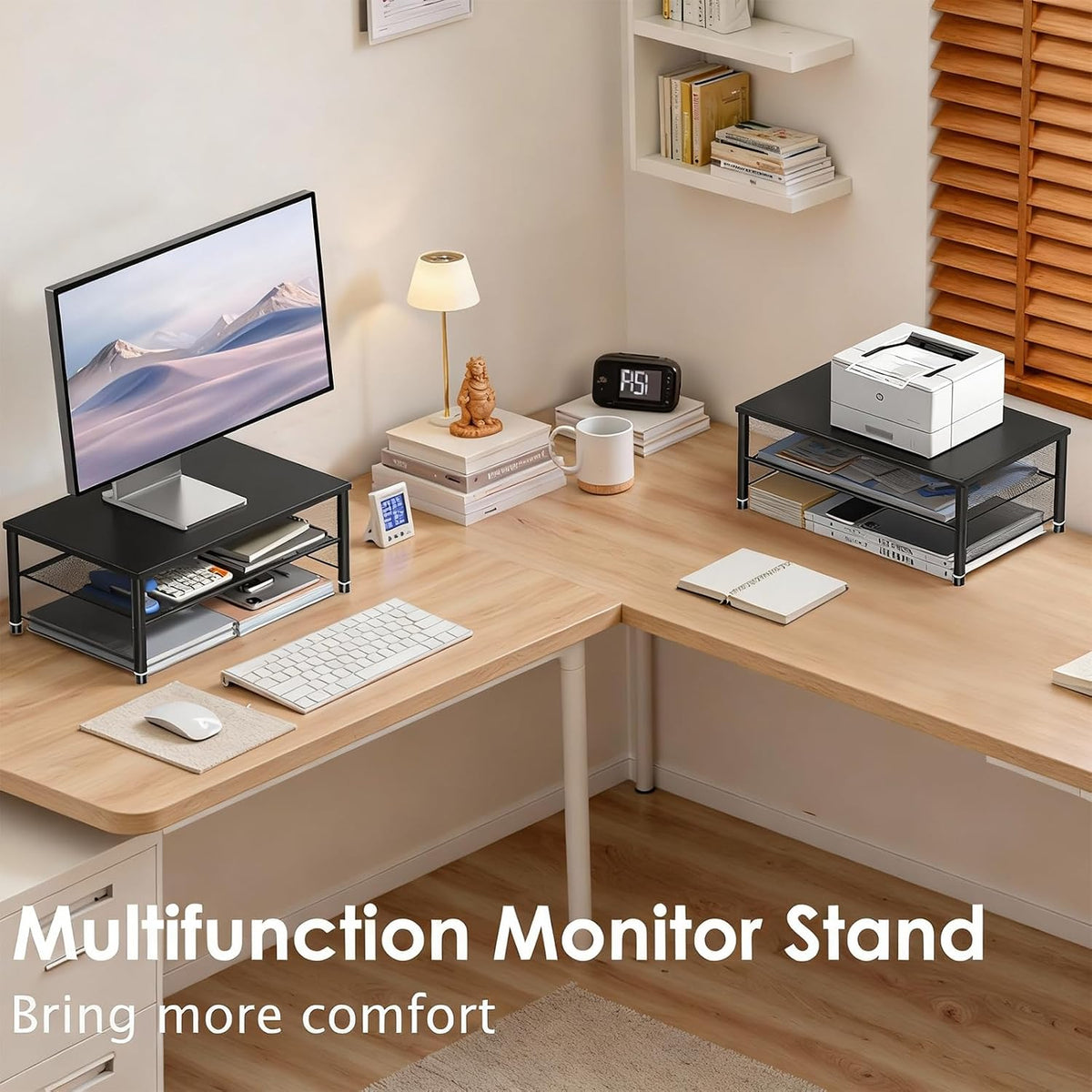Adjustable Monitor Stand Riser for Desk, Wood Computer & Laptop Stand, Desk Organizers and Accessories, Office Desk Accessories & Workspace Organizer for Home Office Supplies, Black