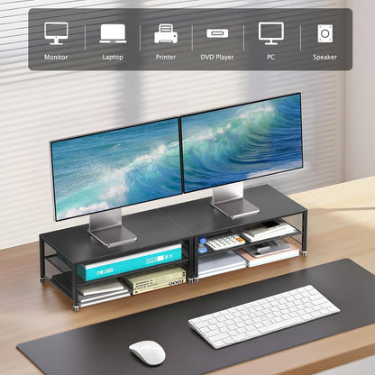 Adjustable Monitor Stand Riser for Desk, Wood Computer & Laptop Stand, Desk Organizers and Accessories, Office Desk Accessories & Workspace Organizer for Home Office Supplies, Black
