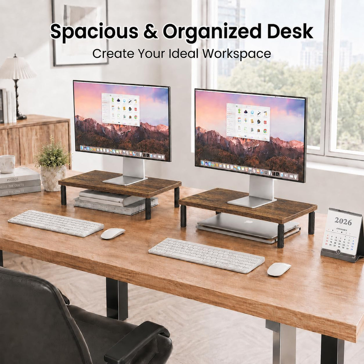 Adjustable Monitor Stand Riser for Desk, Wood Computer & Laptop Stand, Desk Organizers and Accessories, Office Desk Accessories & Workspace Organizer for Home Office Supplies, Black