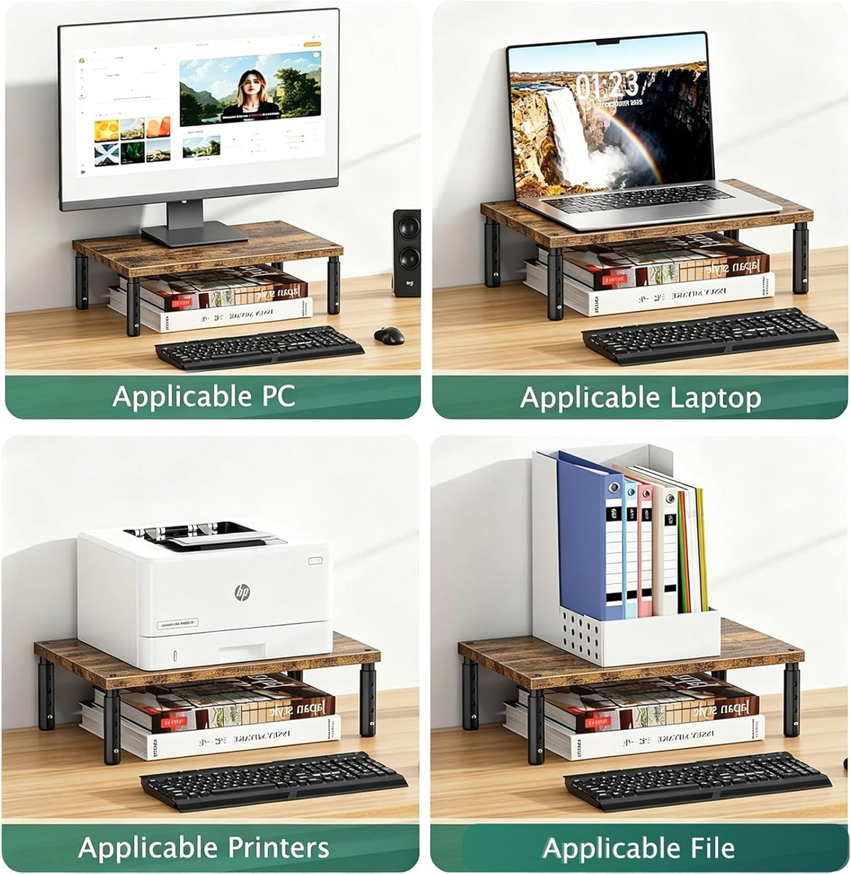 Adjustable Monitor Stand Riser for Desk, Wood Computer & Laptop Stand, Desk Organizers and Accessories, Office Desk Accessories & Workspace Organizer for Home Office Supplies, Black