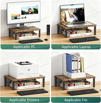 Adjustable Monitor Stand Riser for Desk, Wood Computer & Laptop Stand, Desk Organizers and Accessories, Office Desk Accessories & Workspace Organizer for Home Office Supplies, Black
