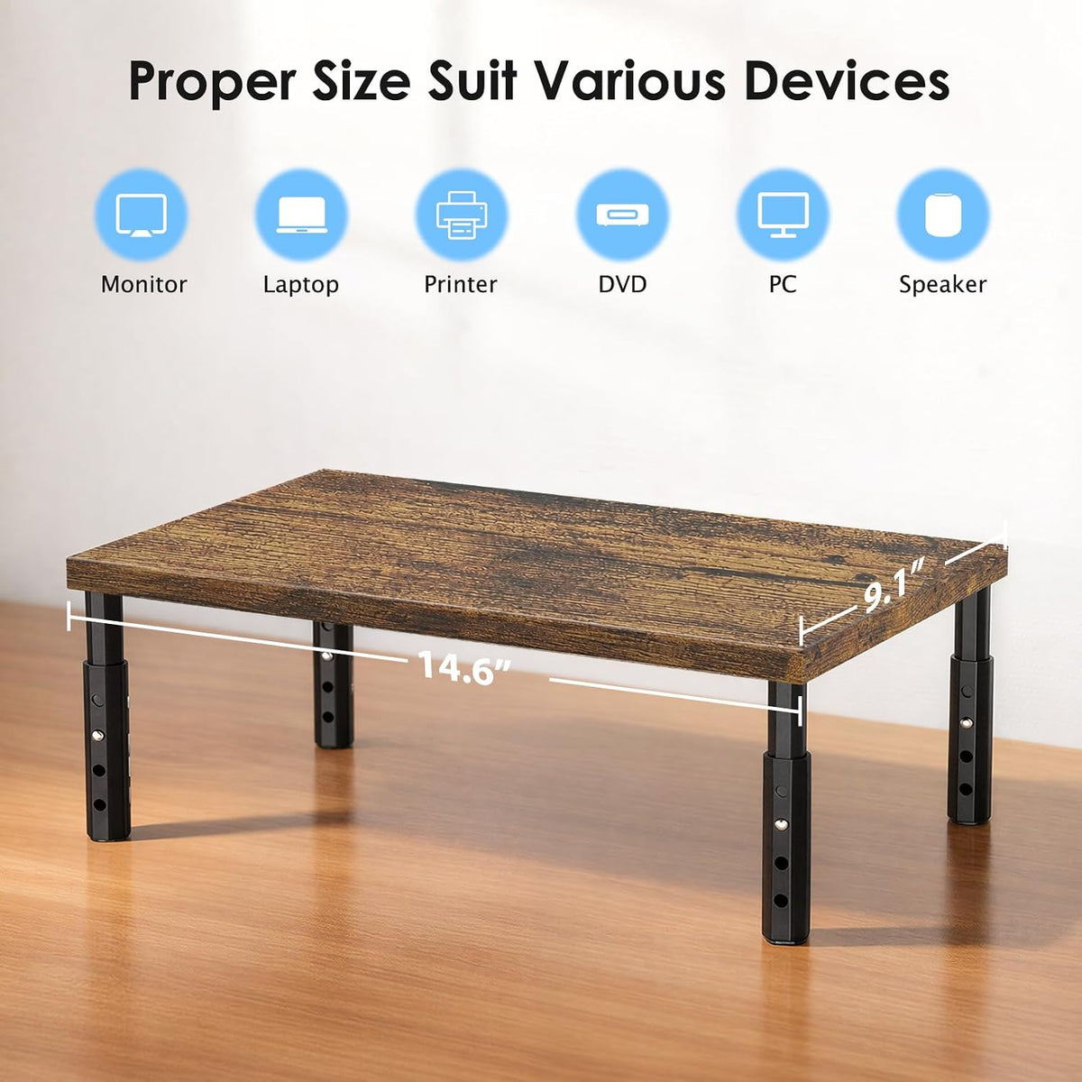 Adjustable Monitor Stand Riser for Desk, Wood Computer & Laptop Stand, Desk Organizers and Accessories, Office Desk Accessories & Workspace Organizer for Home Office Supplies, Black