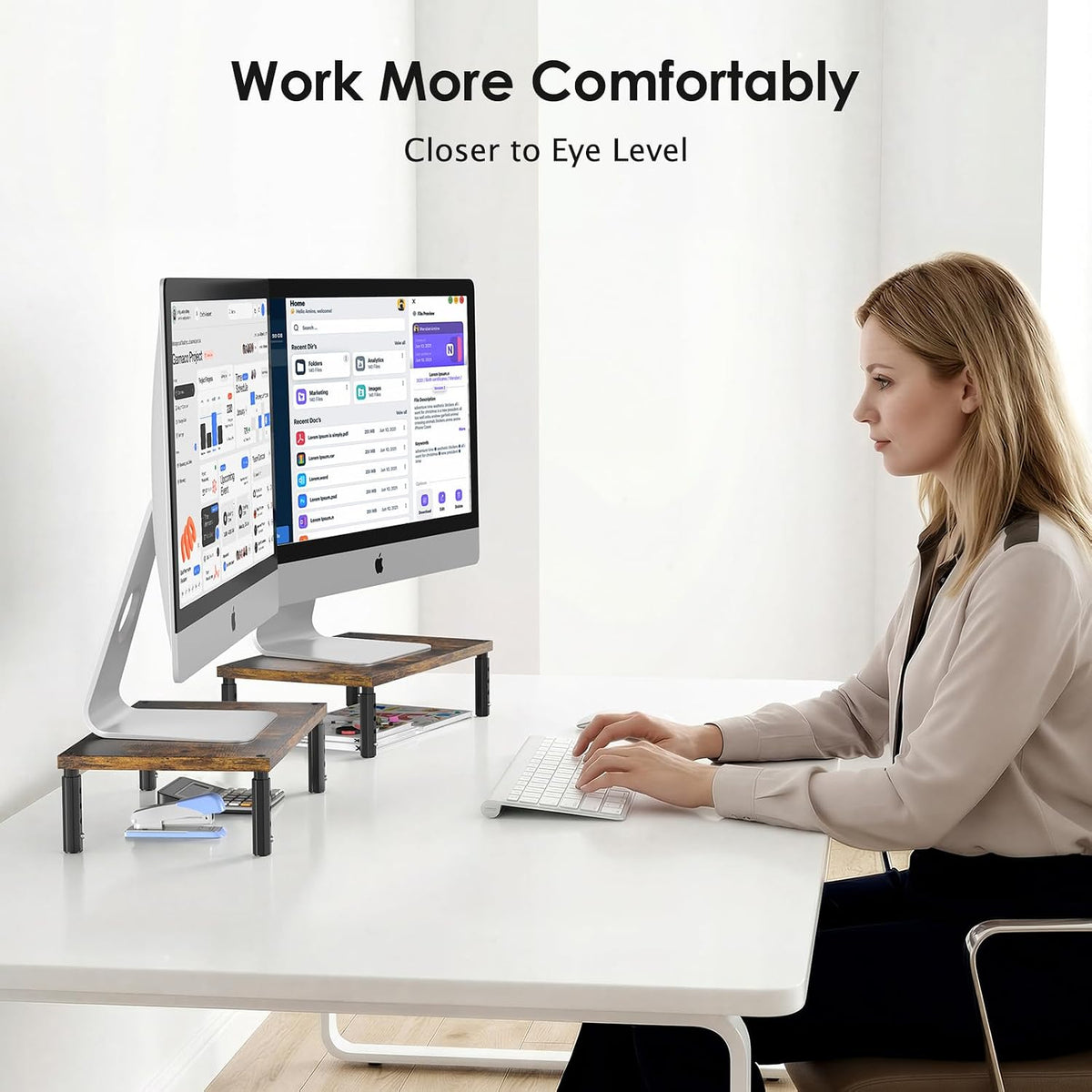 Adjustable Monitor Stand Riser for Desk, Wood Computer & Laptop Stand, Desk Organizers and Accessories, Office Desk Accessories & Workspace Organizer for Home Office Supplies, Black