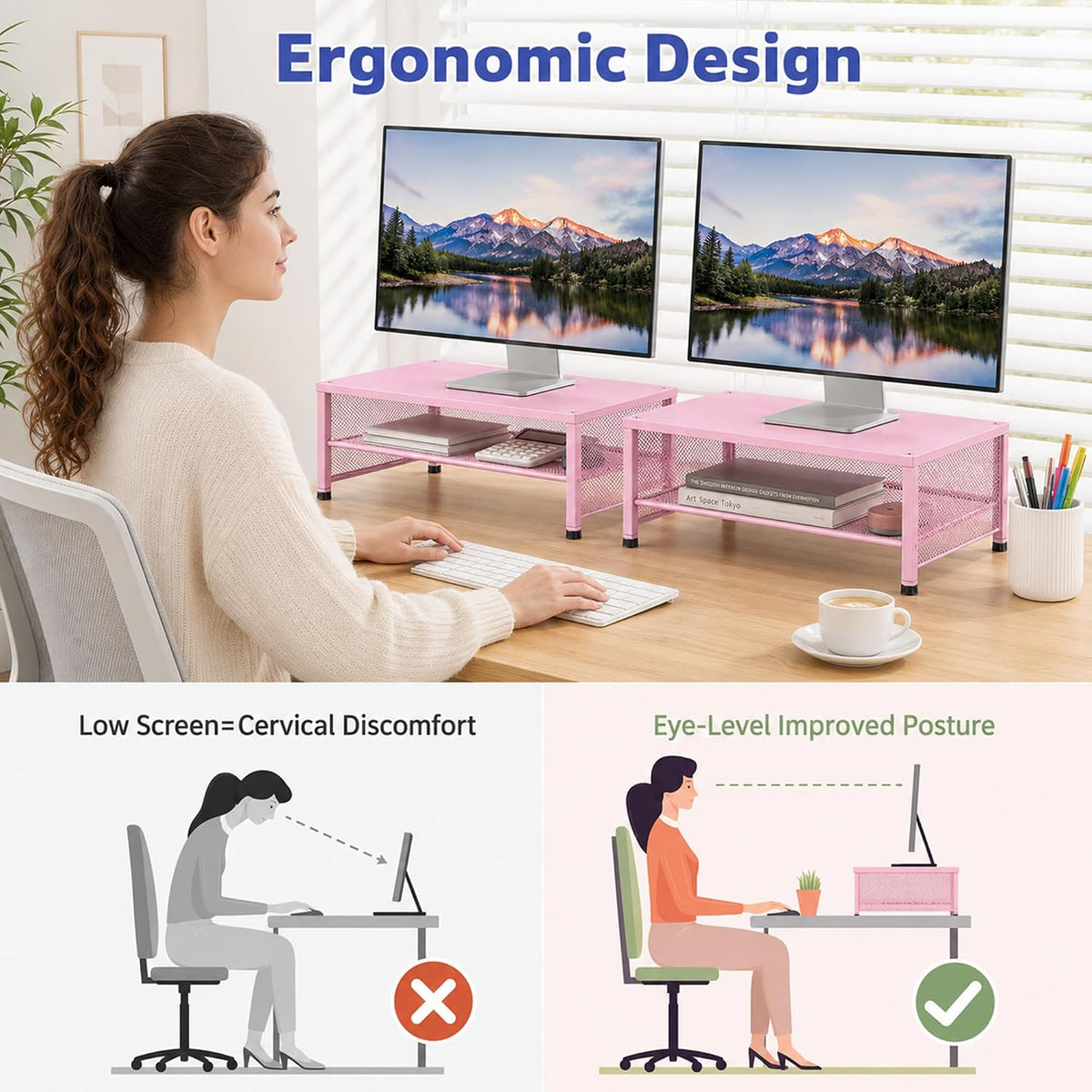 Adjustable Monitor Stand Riser for Desk, Wood Computer & Laptop Stand, Desk Organizers and Accessories, Office Desk Accessories & Workspace Organizer for Home Office Supplies, Black