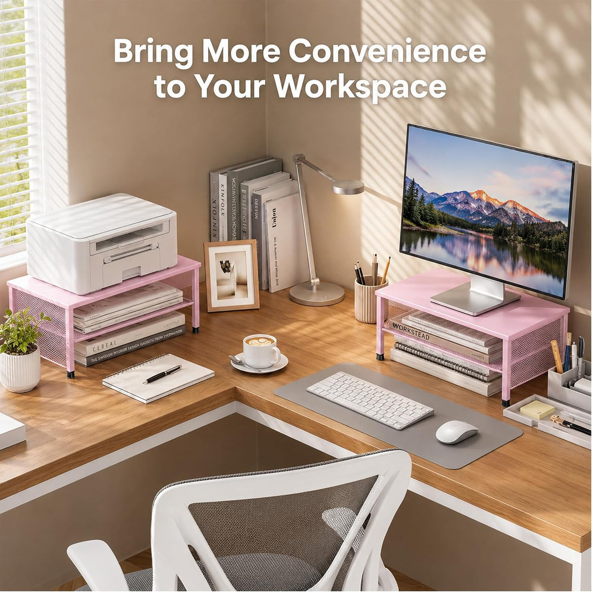 Adjustable Monitor Stand Riser for Desk, Wood Computer & Laptop Stand, Desk Organizers and Accessories, Office Desk Accessories & Workspace Organizer for Home Office Supplies, Black