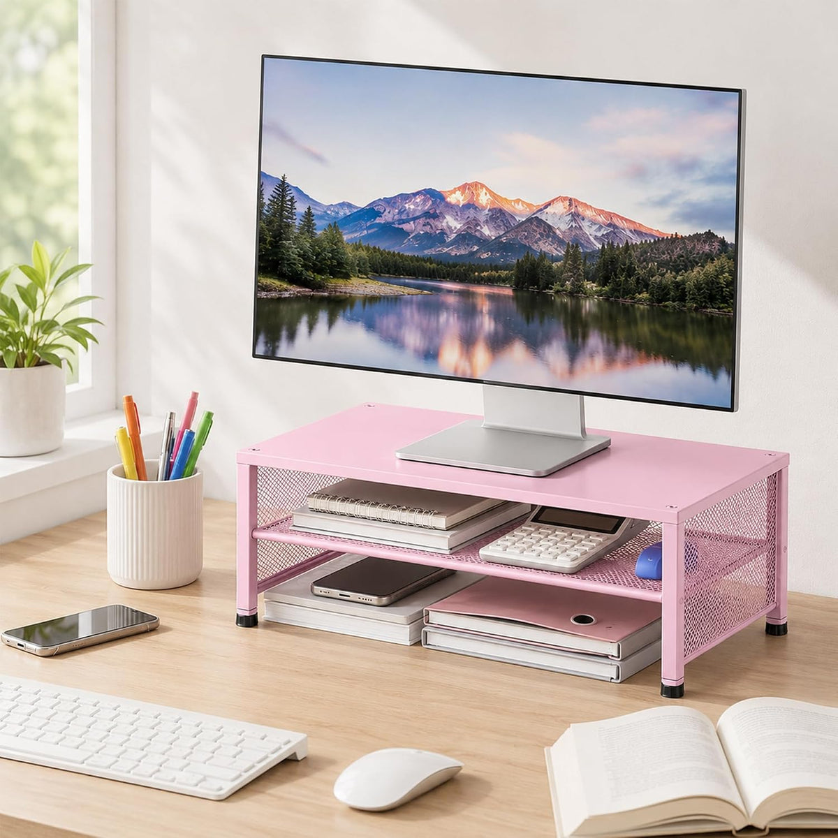 Adjustable Monitor Stand Riser for Desk, Wood Computer & Laptop Stand, Desk Organizers and Accessories, Office Desk Accessories & Workspace Organizer for Home Office Supplies, Black