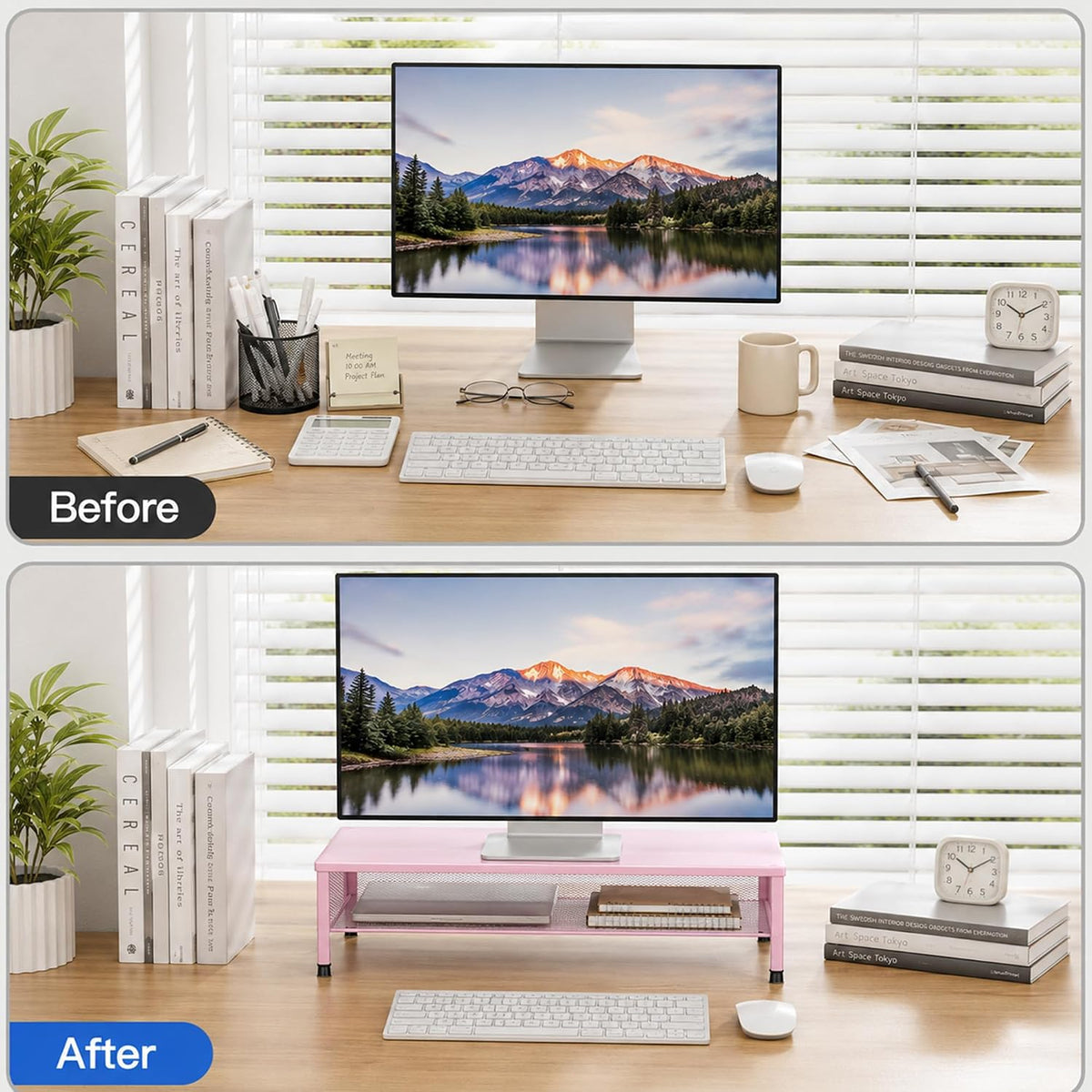 Adjustable Monitor Stand Riser for Desk, Wood Computer & Laptop Stand, Desk Organizers and Accessories, Office Desk Accessories & Workspace Organizer for Home Office Supplies, Black