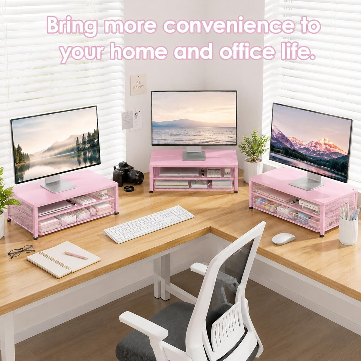 Adjustable Monitor Stand Riser for Desk, Wood Computer & Laptop Stand, Desk Organizers and Accessories, Office Desk Accessories & Workspace Organizer for Home Office Supplies, Black