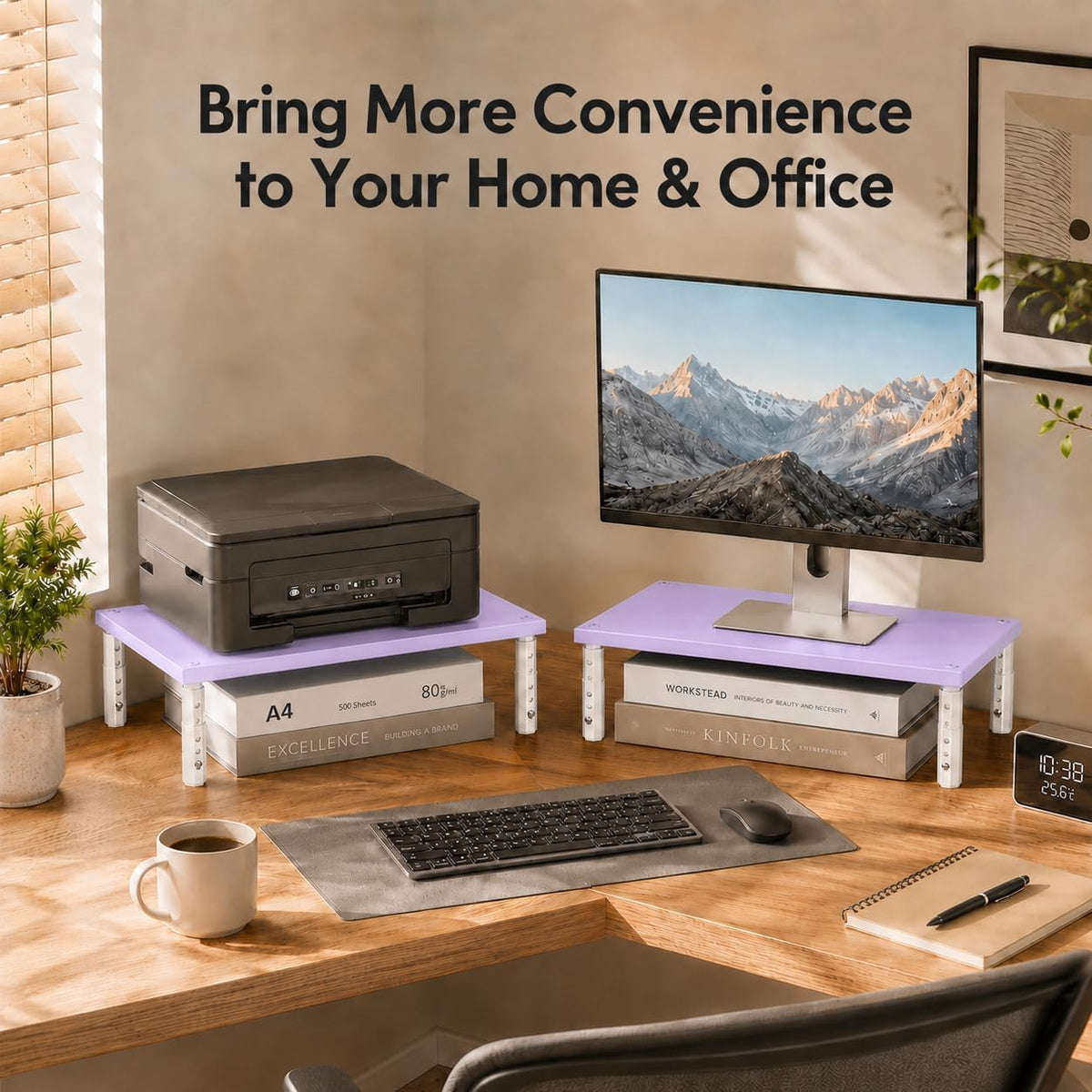 Adjustable Monitor Stand Riser for Desk, Wood Computer & Laptop Stand, Desk Organizers and Accessories, Office Desk Accessories & Workspace Organizer for Home Office Supplies, Black