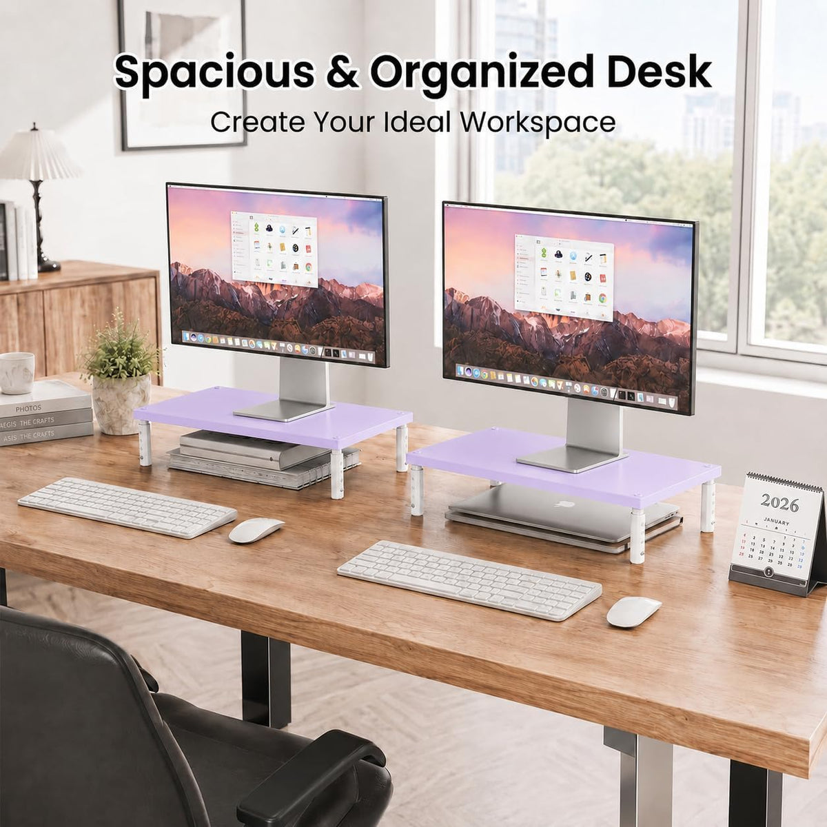 Adjustable Monitor Stand Riser for Desk, Wood Computer & Laptop Stand, Desk Organizers and Accessories, Office Desk Accessories & Workspace Organizer for Home Office Supplies, Black