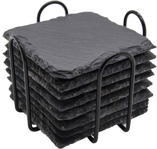 Slate Coasters Set of 8 with Metal Holder, Modern Stone Coasters for Drinks
