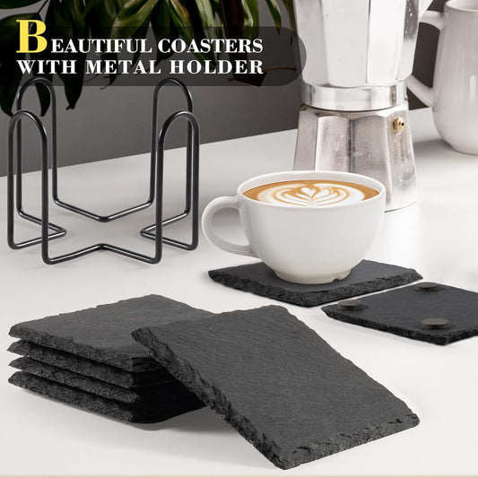 Slate Coasters Set of 8 with Metal Holder, Modern Stone Coasters for Drinks