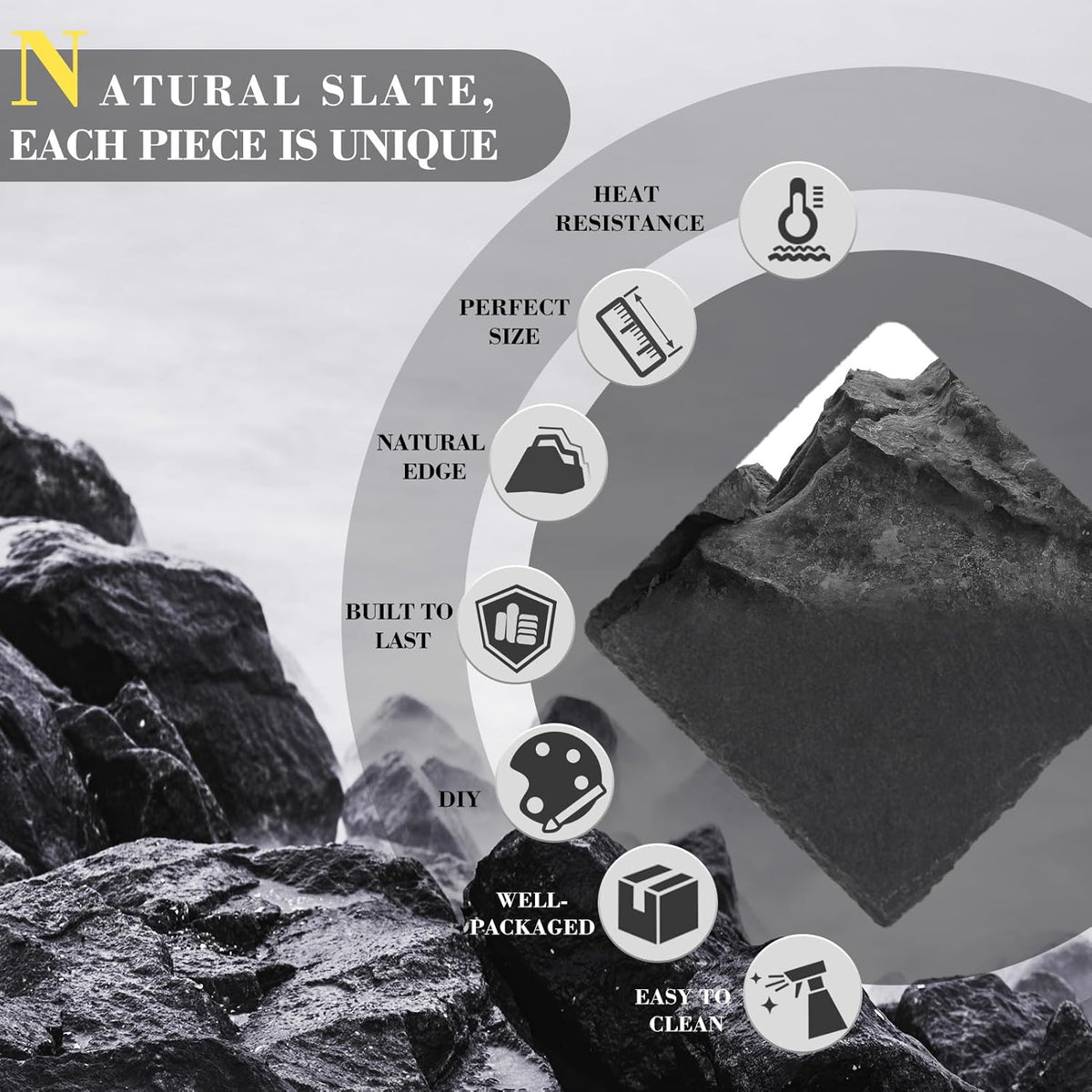 Slate Coasters Set of 8 with Metal Holder, Modern Stone Coasters for Drinks