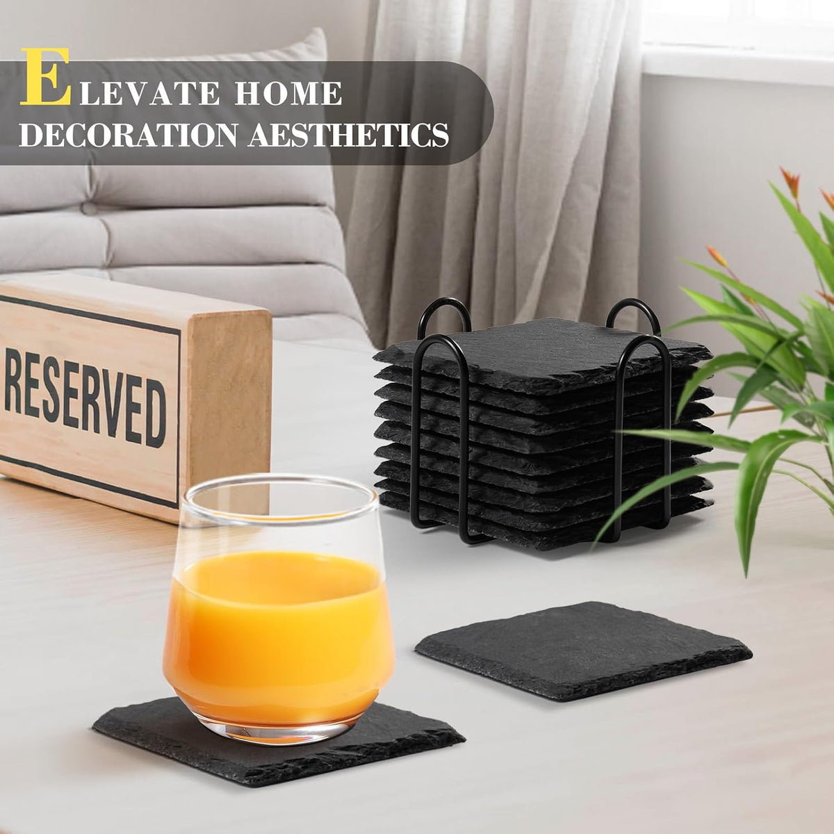 Slate Coasters Set of 8 with Metal Holder, Modern Stone Coasters for Drinks