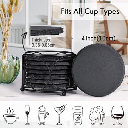 Slate Coasters Set of 8 with Metal Holder, Modern Stone Coasters for Drinks