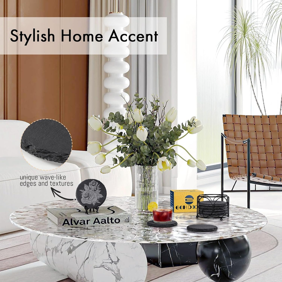 Slate Coasters Set of 8 with Metal Holder, Modern Stone Coasters for Drinks