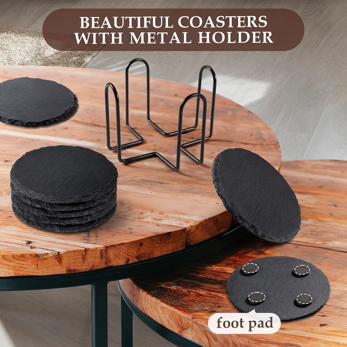 Slate Coasters Set of 8 with Metal Holder, Modern Stone Coasters for Drinks