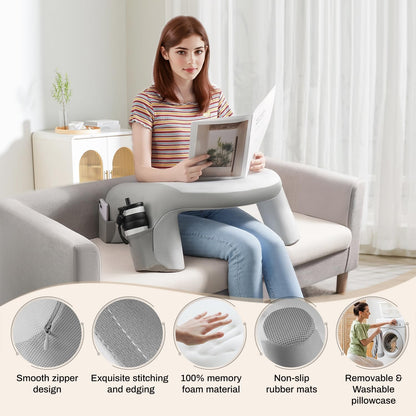 Reading Pillow for Bed, Lap Desk for Laptop, Memory Foam Arm Rest Support Gaming Pillow with Cup/Phone Pocket, Laptop Lap Desk for Working, Gaming, Reading on Couch Bed Floor- Grey