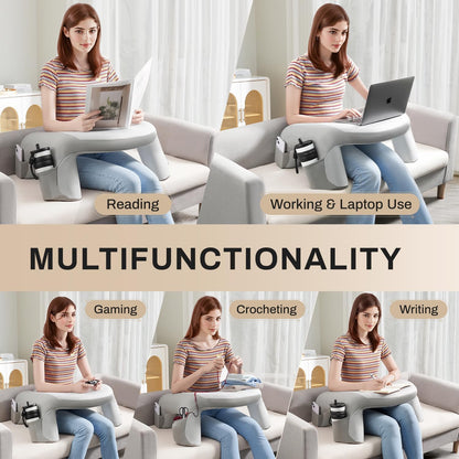 Reading Pillow for Bed, Lap Desk for Laptop, Memory Foam Arm Rest Support Gaming Pillow with Cup/Phone Pocket, Laptop Lap Desk for Working, Gaming, Reading on Couch Bed Floor- Grey